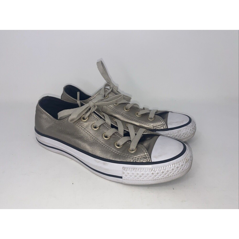 Converse All Star Womens 6 Leather‎ Silver Metallic Low Sneakers Shoes